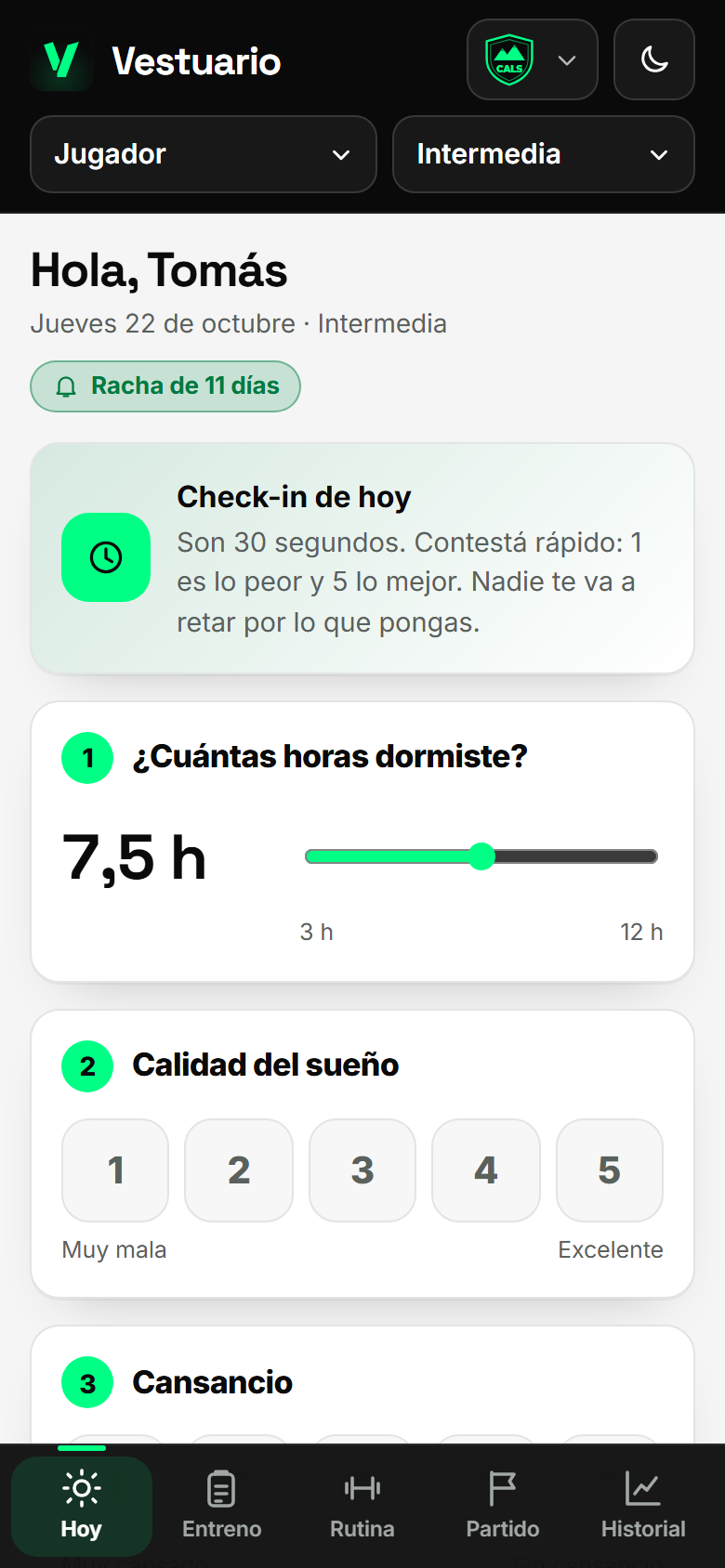 Pantalla de reporte diario del jugador en el celular, en modo claro.