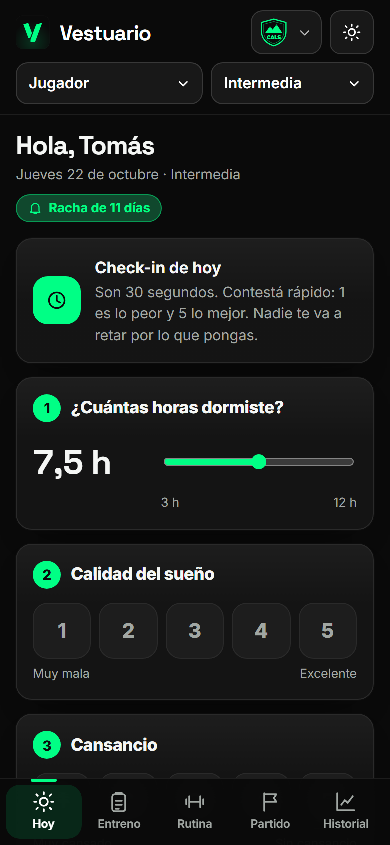 Pantalla de reporte diario del jugador en el celular, con datos de ejemplo.